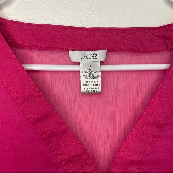 Cache Hot Pink Sheer Tie V-Neckline Size Small Elastic Waist Ruched Sleeve - Picture 7 of 7